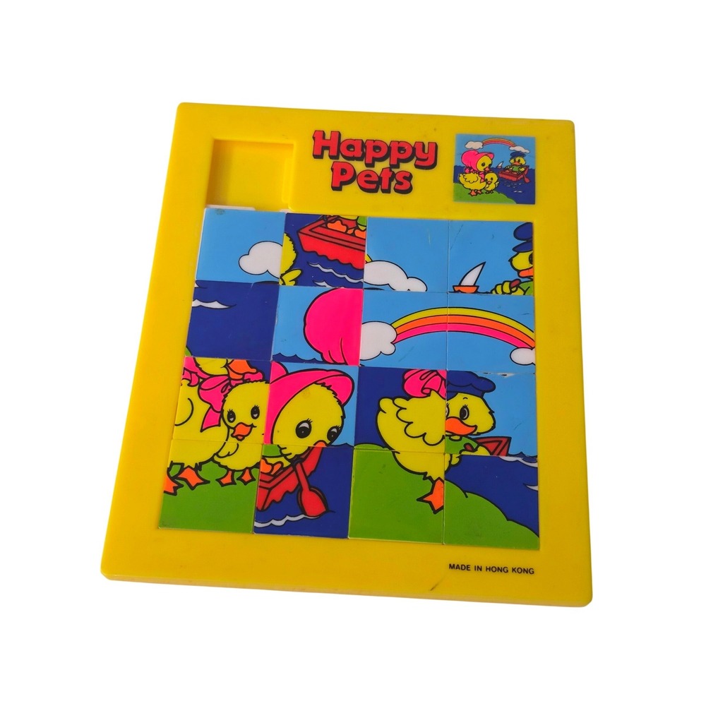 Vintage Happy Pets Sliding Tile Puzzle Yellow Duck Rainbow Handheld Game HK